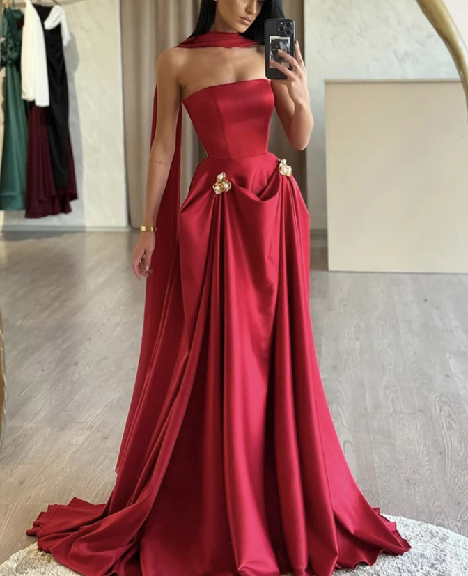 Charming A-Line Satin Burgundy Long Prom Dress, Strapless Evening Dress Y8046