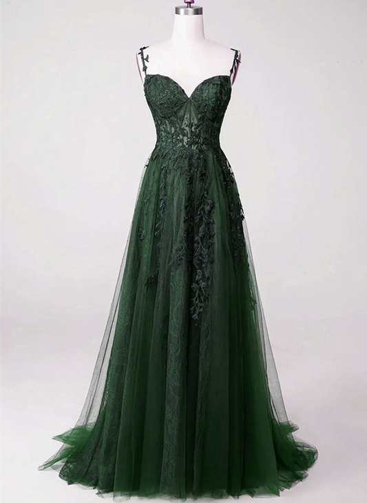 Dark Green Tulle with Lace Beaded Straps Prom Dress,Green Long Formal Dress Party Dress Y6111