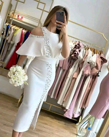 White Sheath Midi-length Prom Dress,White Bridal Dress Y5674