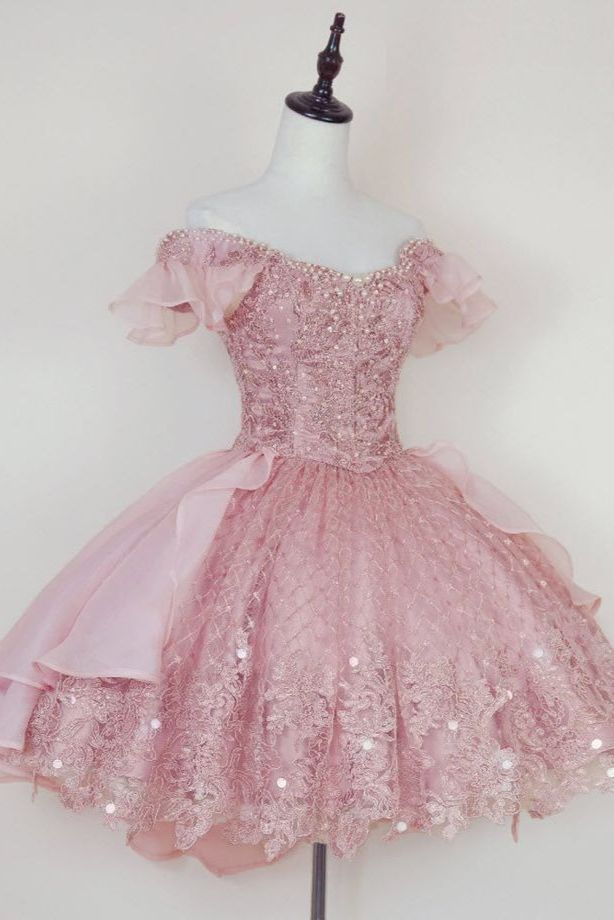 Princess Pink Lace Applique Short Homecoming Dress ,Y2502