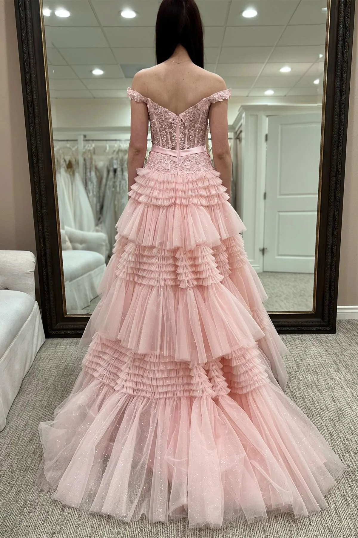 Pink Tulle Lace Off-the-Shoulder Ruffles Tiered Long Prom Dress Y4674