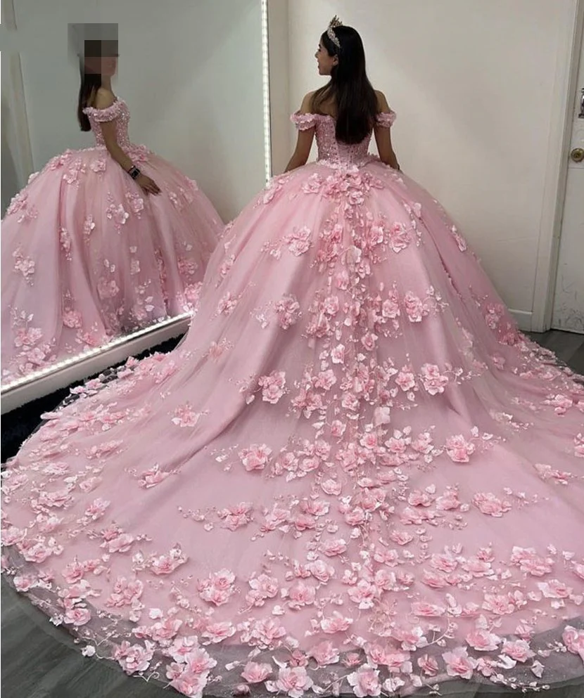 Pink Off Shoulder Ball Gown Quinceanera Dresses 3D Appliques Corset Dress Y6791