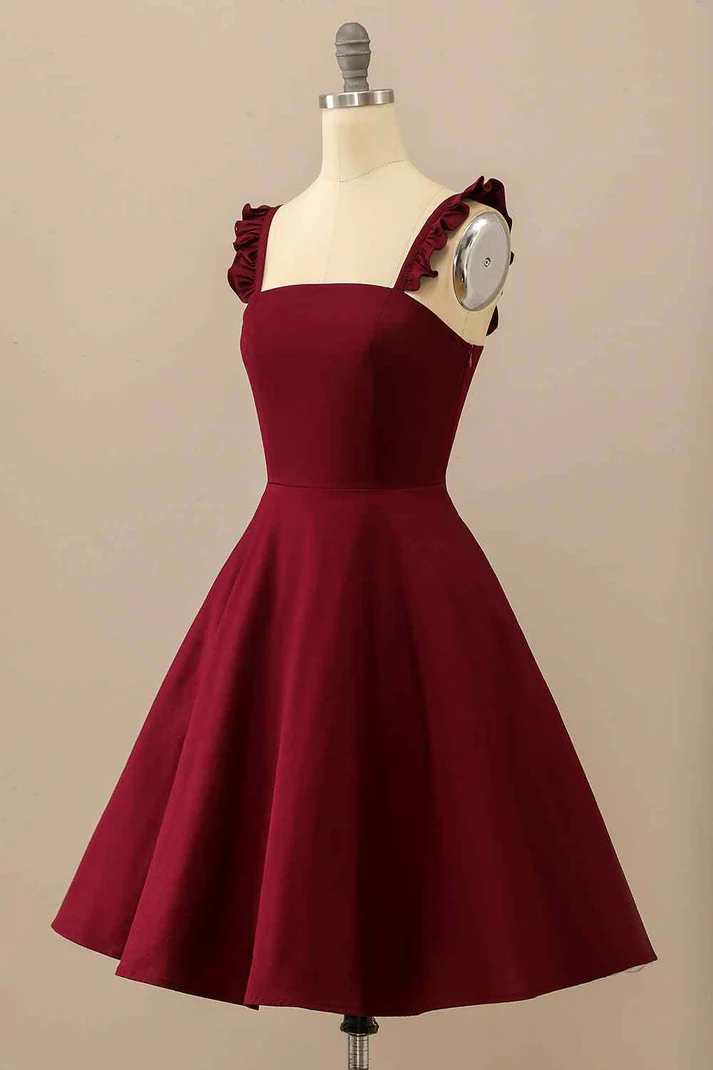 Burgundy A-line Ruffle Straps Satin Mini Homecoming Dress Y2176