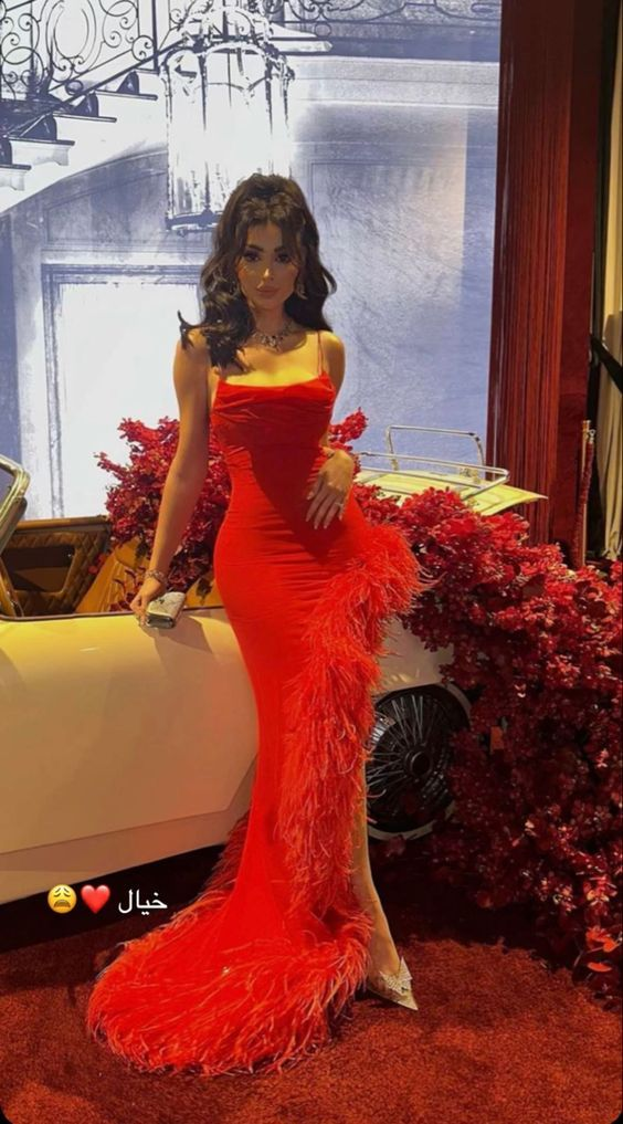 Sexy Mermaid Straps Red Prom Dress With Feathers,Long Evening Dress Y7901