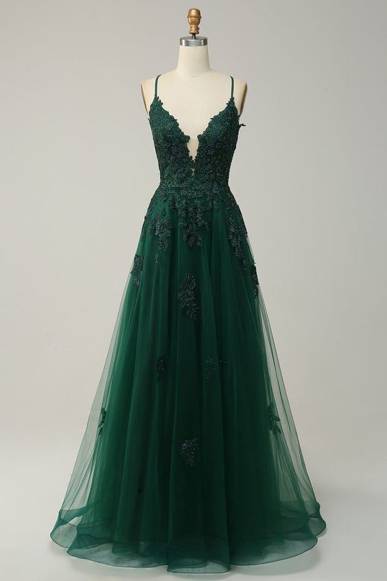 A Line Emerald Green Long Prom Dress For Teens  Y4541