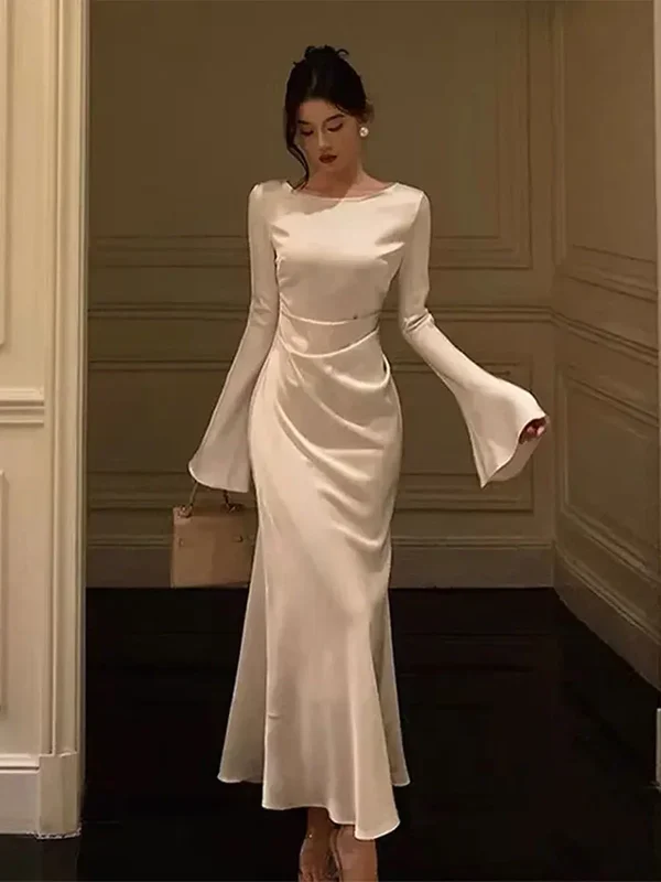 Women's O-Neck Satin Evening Dress,Simple White Cocktail Dress Y6894