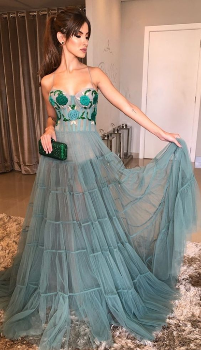 Fashion A-line Tulle Prom Dresses Long Sexy Prom Dress Y5375