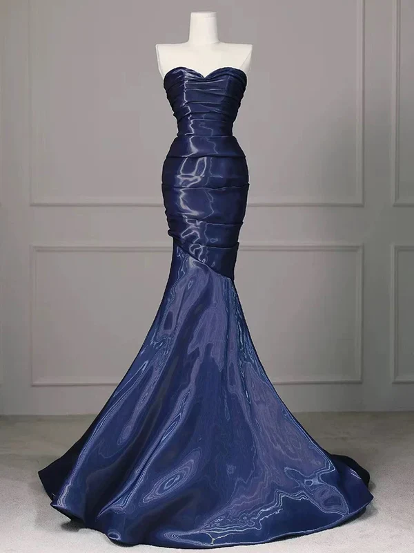 Gorgeous Nevy Blue Mermaid Strapless Pleated Long Prom Dress,Evening Dress  Y7987