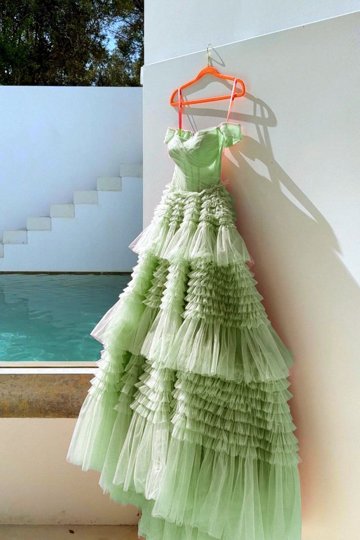 Unique Sage Green Tiered Tulle Ball Gown Dress For Prom  Y4500