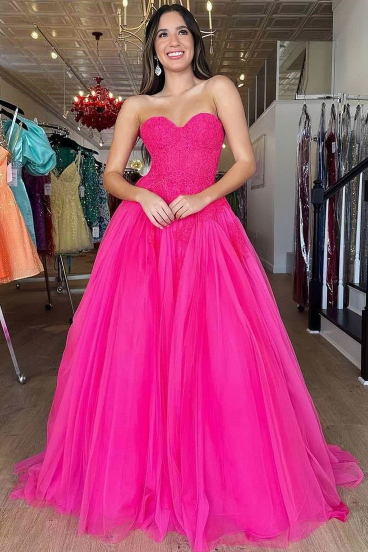 Hot Pink Tulle Sweetheart Appliques Prom Dress Y4968