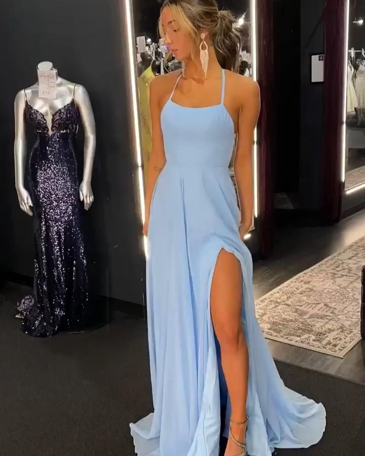 Sky blue chiffon prom dresses halter sheath long evening party dress Y7045