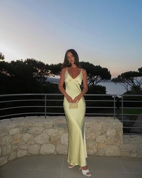 Sexy V Neck Yellow Satin Evening Dress Long Prom Dress Y7882