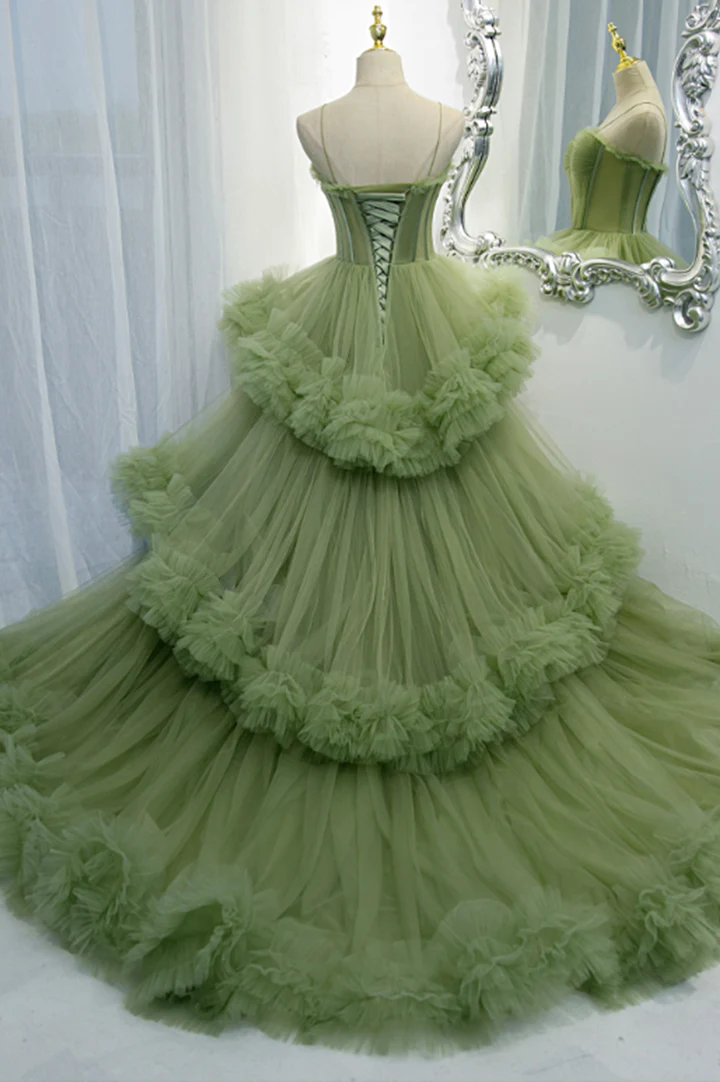 Green Tulle Long Prom Dresses, A-Line Formal Evening Dresses Y2029