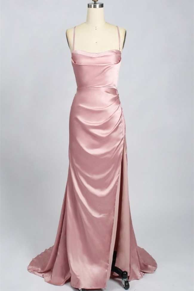 Pink Scoop Neck Lace-Up Back Long Prom Dress with Slit Y6853