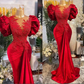 Luxury Red Mermaid Prom Dresses Lace Beaded Sheer Neck Evening Dress Formal Party Wear Y02