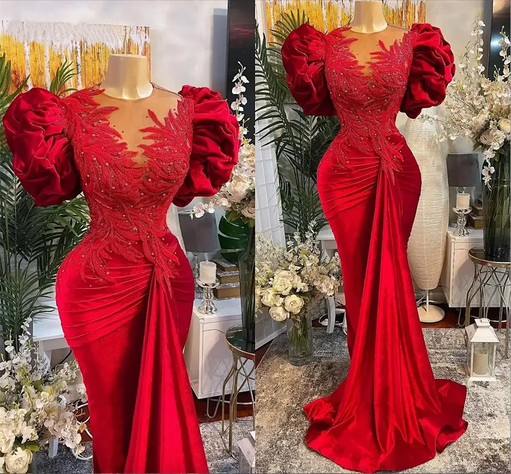 Luxury Red Mermaid Prom Dresses Lace Beaded Sheer Neck Evening Dress Formal Party Wear Y02