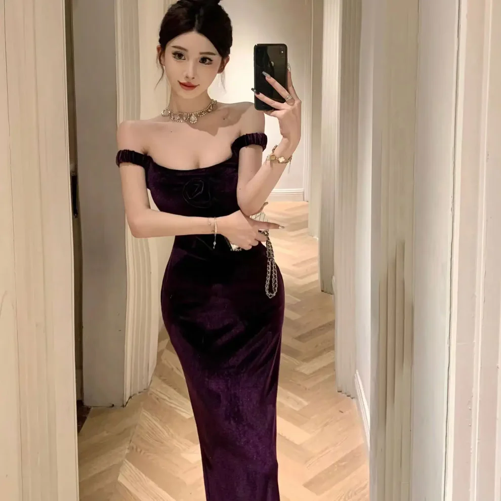 Elegant Velvet Long Sheath Prom Dress Purple Off Shoulder Slit Party Evening Gown Y8131