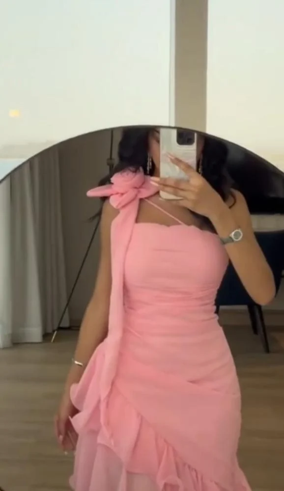 Sweet Pink Chiffon Ruffles Evening Dress Formal Prom Dress Y7899