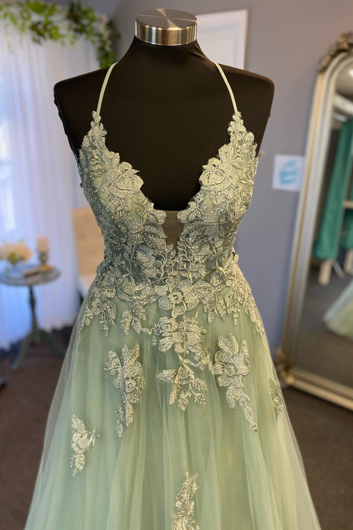 Straps Sage Green Appliques A-line Long Prom Dress Y4463