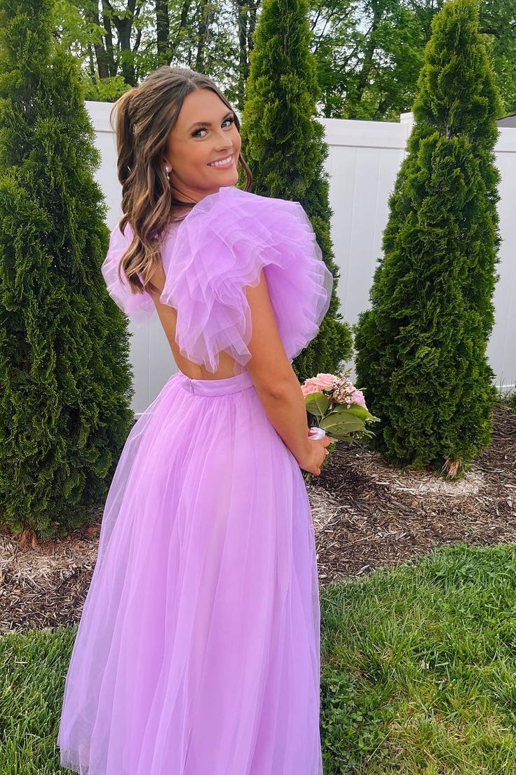 A Purple Tulle Long Sleeve Prom Dress