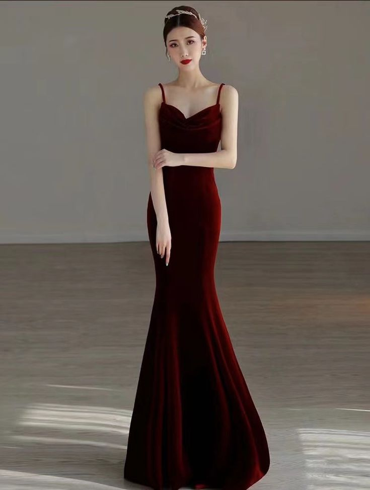 Elegant Red Velvet mermaid Evening Dress Long Prom Dress Y7824