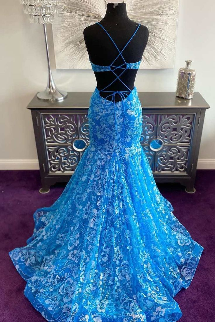 Blue Lace Backless Dress