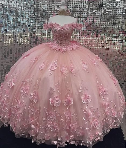 Pink Off Shoulder Ball Gown Quinceanera Dresses 3D Appliques Corset Dress Y6791