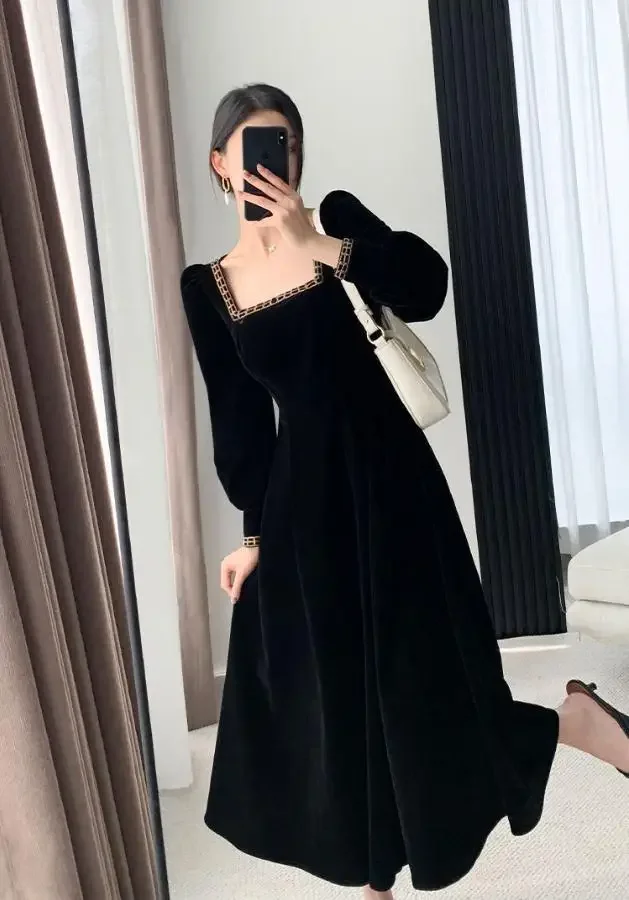 Velvet Dress Women Long Sleeve Square Neck Elegant Bodycon Patchwork Fashion Evening Dress Y6744