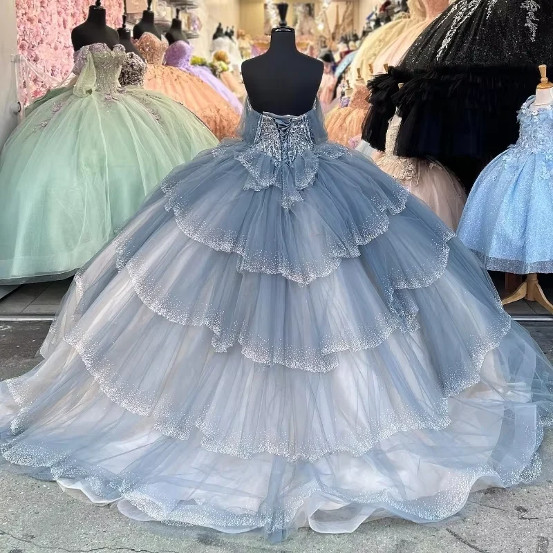 Luxury Blue Quinceanera Dresses Formal Beading Crystal Lace Tiered Ruffles Sweet 16 Birthday Princess Dress Y8117