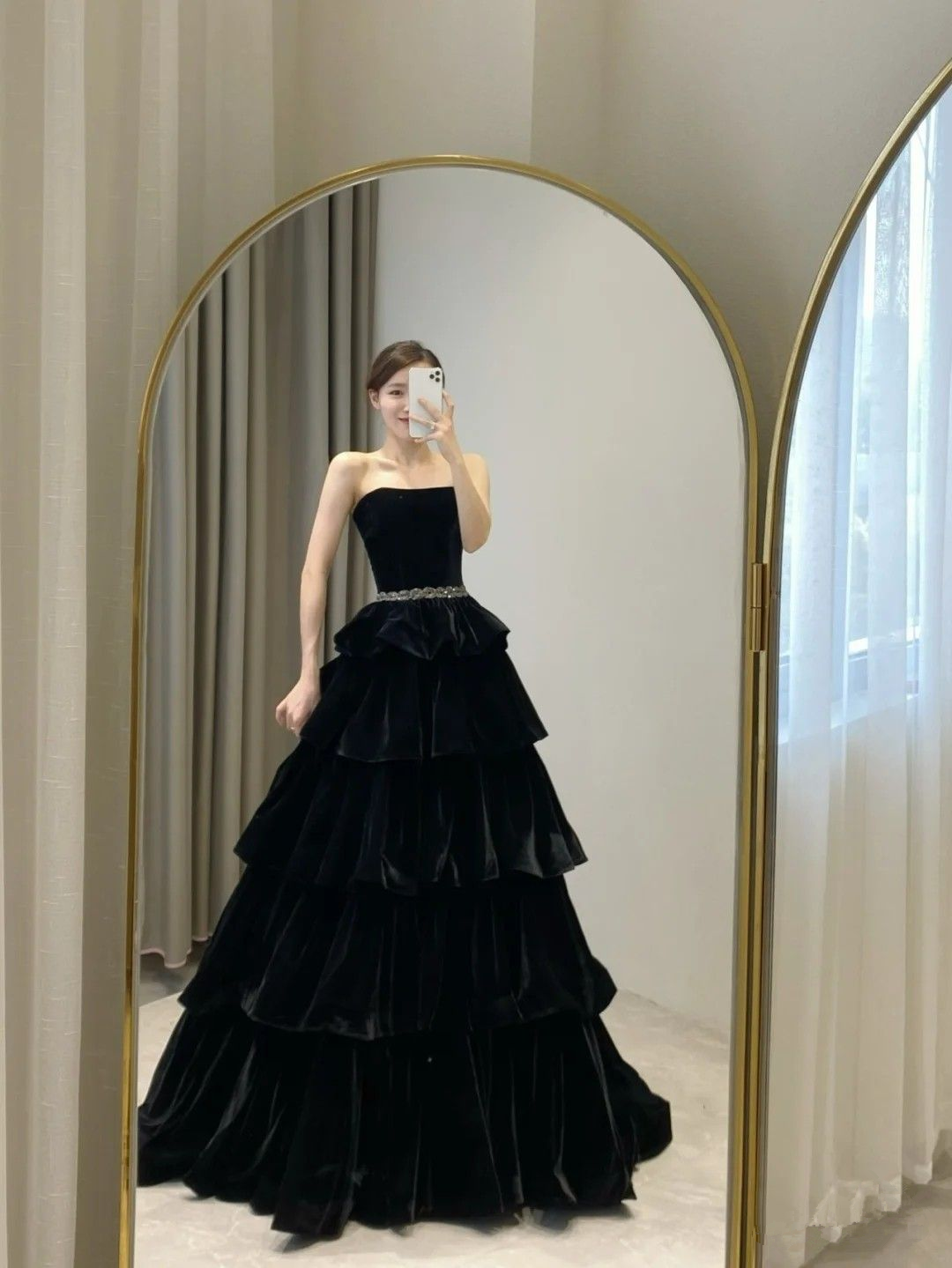 Chic Black A-line Layered Evening Dress,Black Strapless Evening Gown Y4378