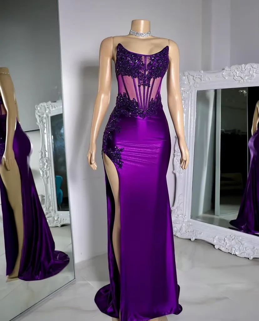 Purple Strapless Satin Lace Appliques Prom Party Dress,Mermaid Sexy Split Evening Dress Y8121