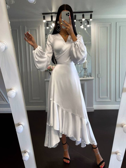 Silk Asymmetric Hem Midi Prom Dress, Bridesmaid Elegant Silk Dress, Silk Wrap With Long Sleeve, Wedding Guest Silk Dress, Special Occasions Dress Y5511