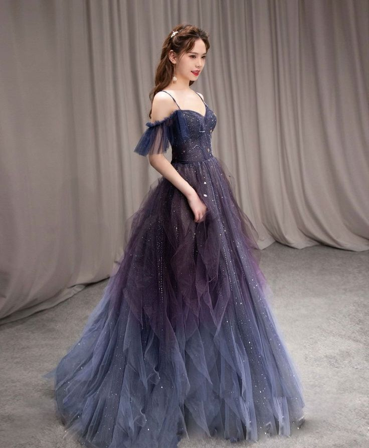 Dark starry sky purple tulle long prom dress purple evening dress Y5847