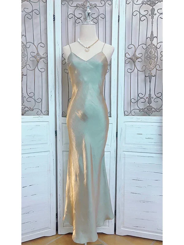 Unique Spaghetti Straps V Neck Satin A Line Prom Evening Dress Y8061