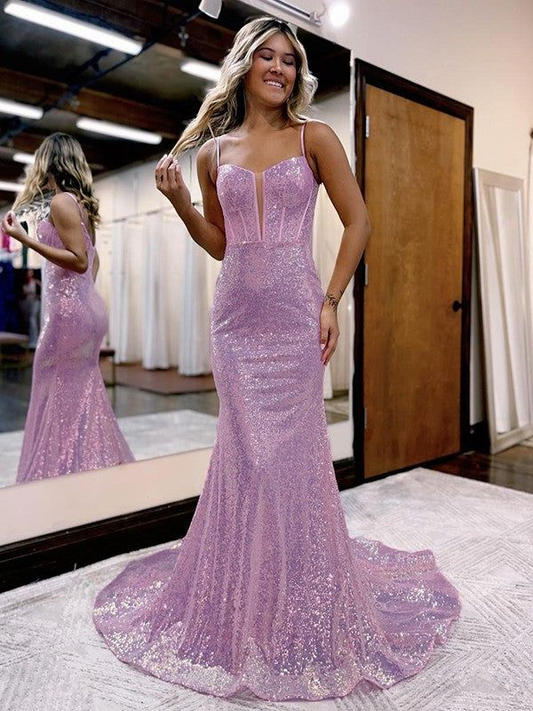 Trumpet/Mermaid Sequins Sweetheart Sleeveless Court Train Corset Dresses Y4726