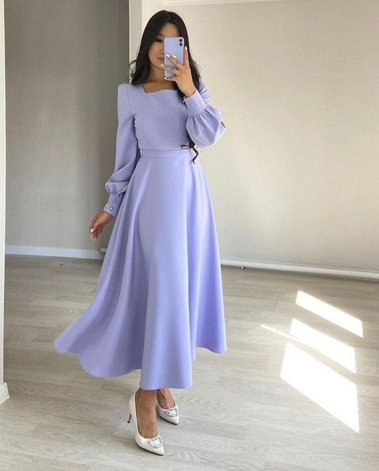 Simple Stretch Satin A Line Evening Dresses Women Long Sleeve Square Neck Modest Ankle Length Formal Gowns Y4856