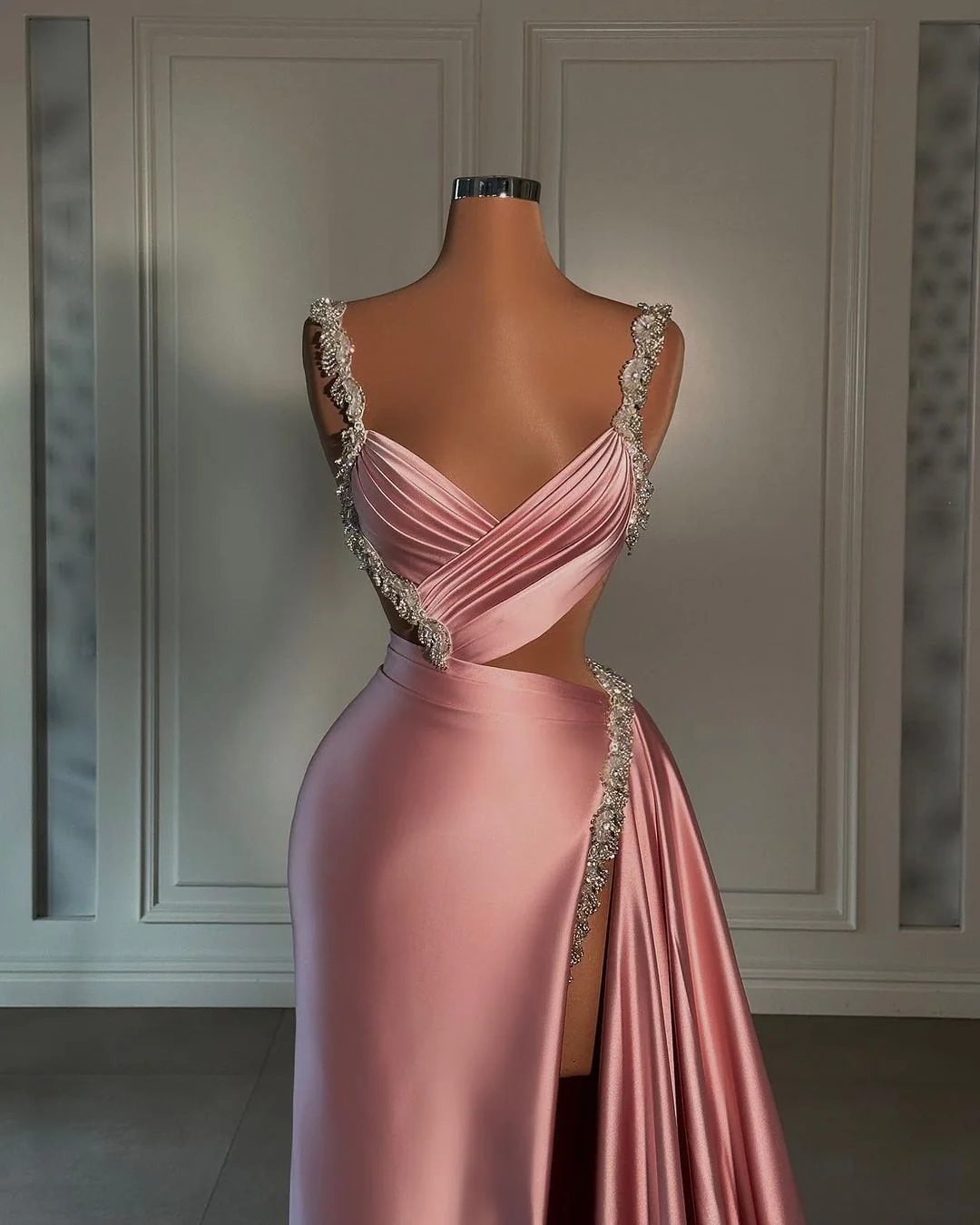 Glamorous Pink Prom Dress Sweetheart Spaghetti Strap With High Slit Trail Y6436