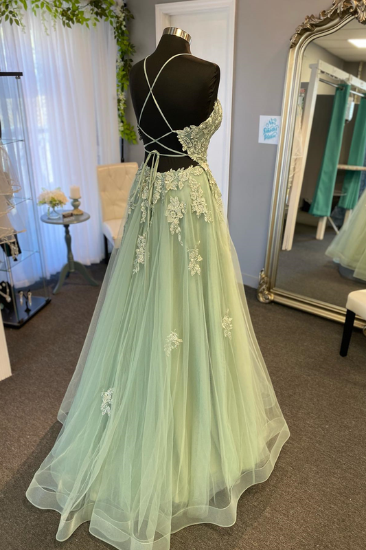 Straps Sage Green Appliques A-line Long Prom Dress Y4463