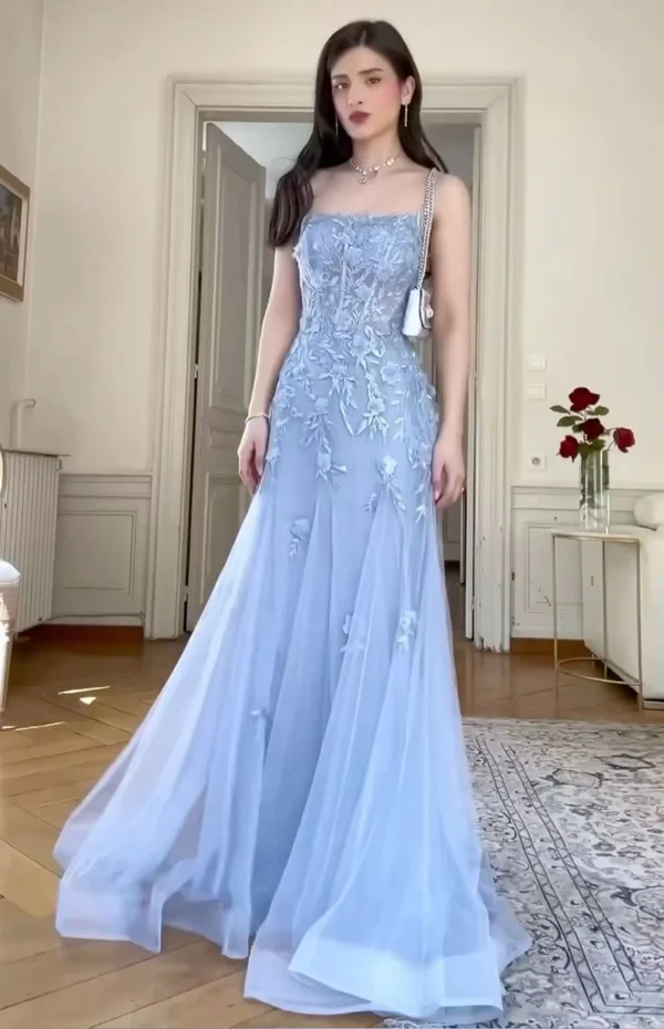 Classy Blue Tulle Appliques Mermaid Evening Dress,Long Prom Dress Y8156