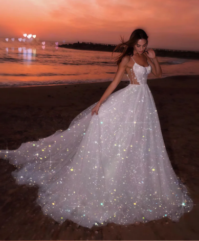 Glitter White Sequin Tulle Prom Evening Dress, A-line Sleeveless Beach Long Wedding Gown Y8011