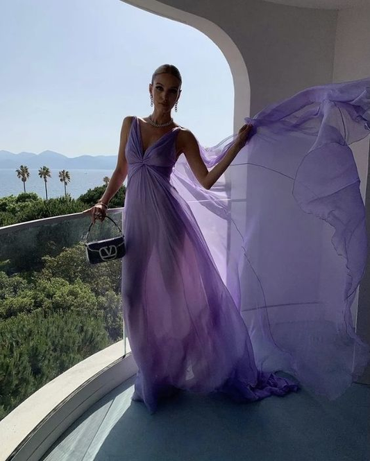 Simple Purple V Neck Tulle Prom Dress Long Evening Gown Y7774