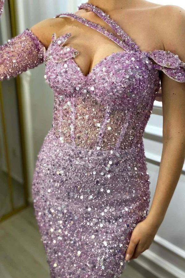 Lilac Long Sleeves Sequins Prom Dress Mermaid Holiday Dress Y4885