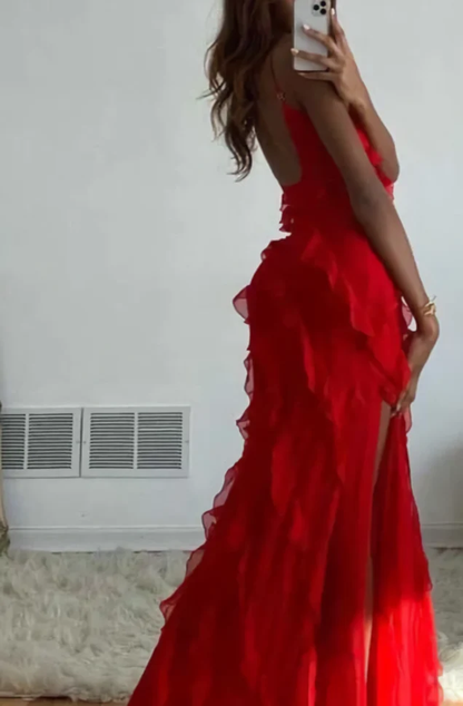 Red Ruffles Long Formal Prom Dress Elegant Evening Dress Y7979