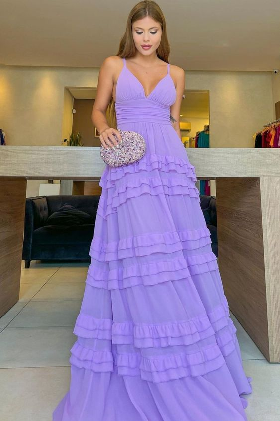 Lavender A-line V Neck Prom Dress,Lavender Evening Dress Y6177