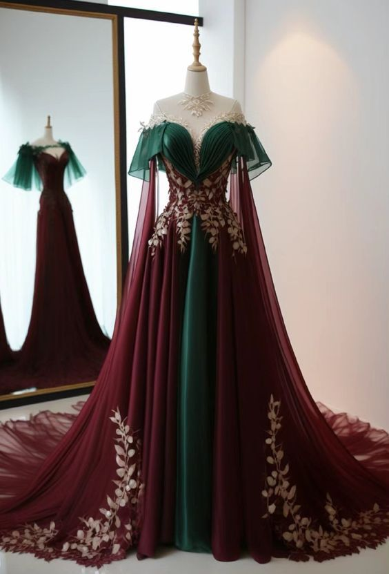 Vintage Burgundy Tulle Satin Evening Dress Long Prom Dress Y7794