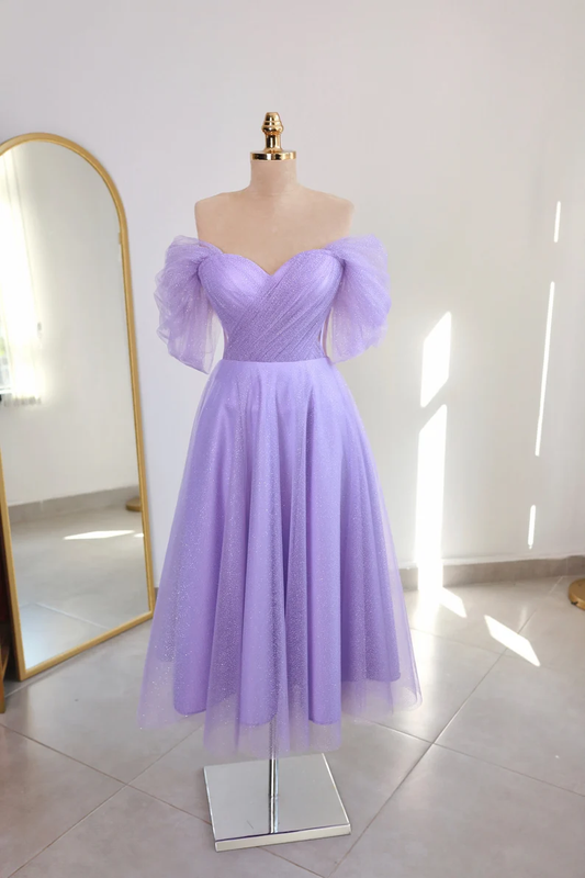 Lilac Glittered Tulle Midi-length Prom Dress, Engagement Dress, Promise Dress,Corset Dress Y4777