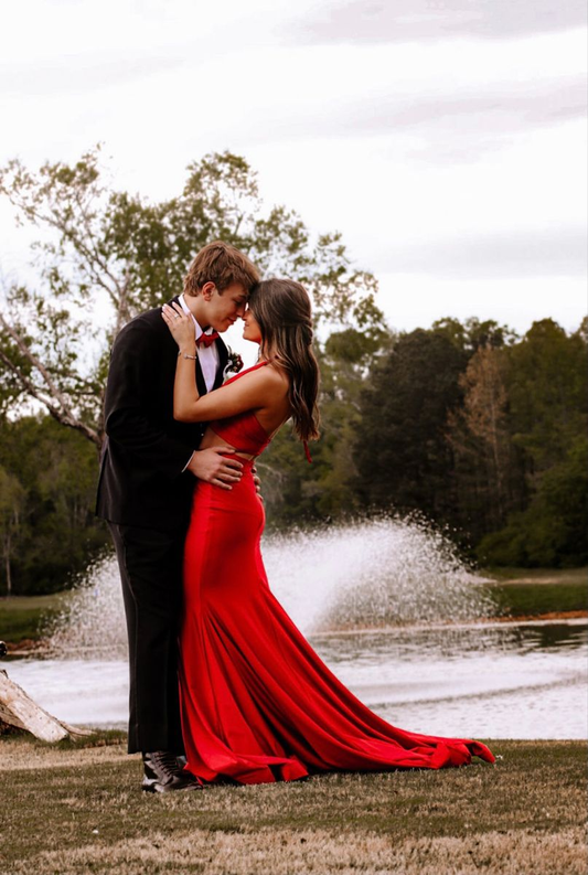 Sexy Red Satin Long Evening Dress with Train  Y4172