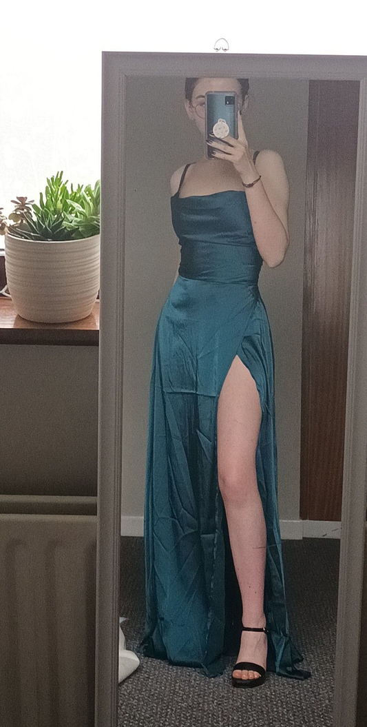 Backless Wrap Satin Prom Dress in Teal Blue  Y4867