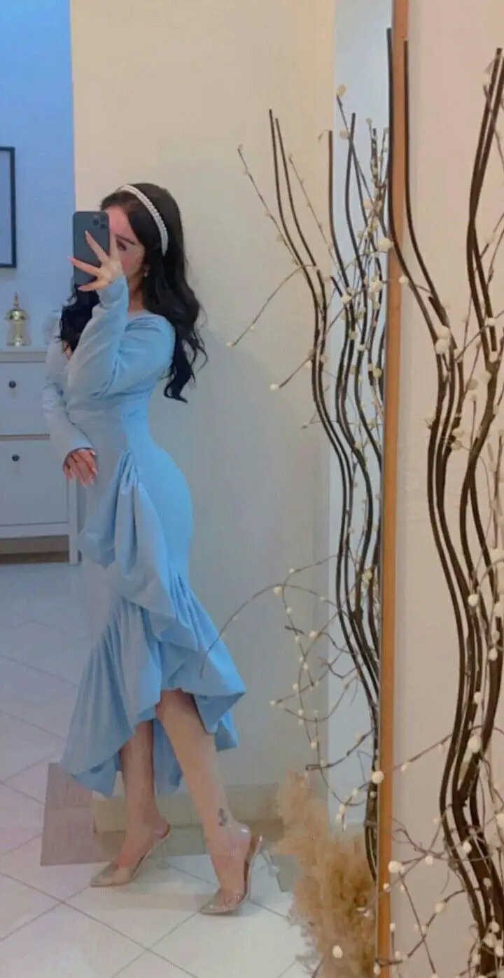 Mermaid Light Blue Women's Prom Dresses V Neck Long Sleeves Formal Occasion Dress Temperament Evening Dress Y4764