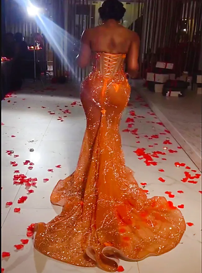 Gorgeous Orange Beaded Applique Mermaid Evening Dress Long Prom Dress Y6693